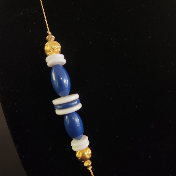 Vintage Style Long Beaded Necklace in Blue White Gold Made in Korea - Picture 5 of 8